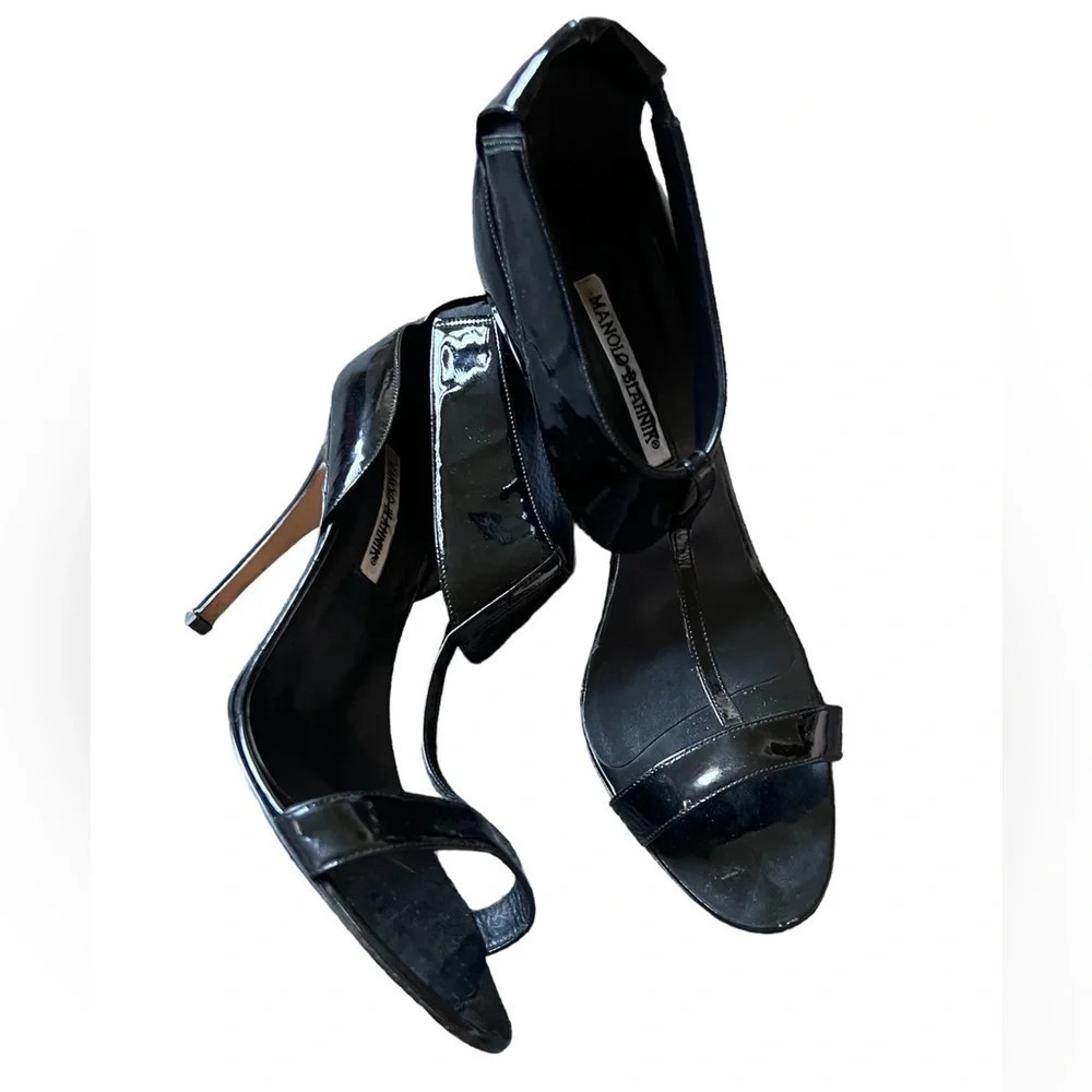Manolo Blahnik Black Patent Leather T Strap Heels, Size 40
